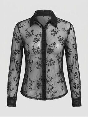 Vintage‎ 90s/Y2K Anxiety Cafe Sheer Mesh Floral Top